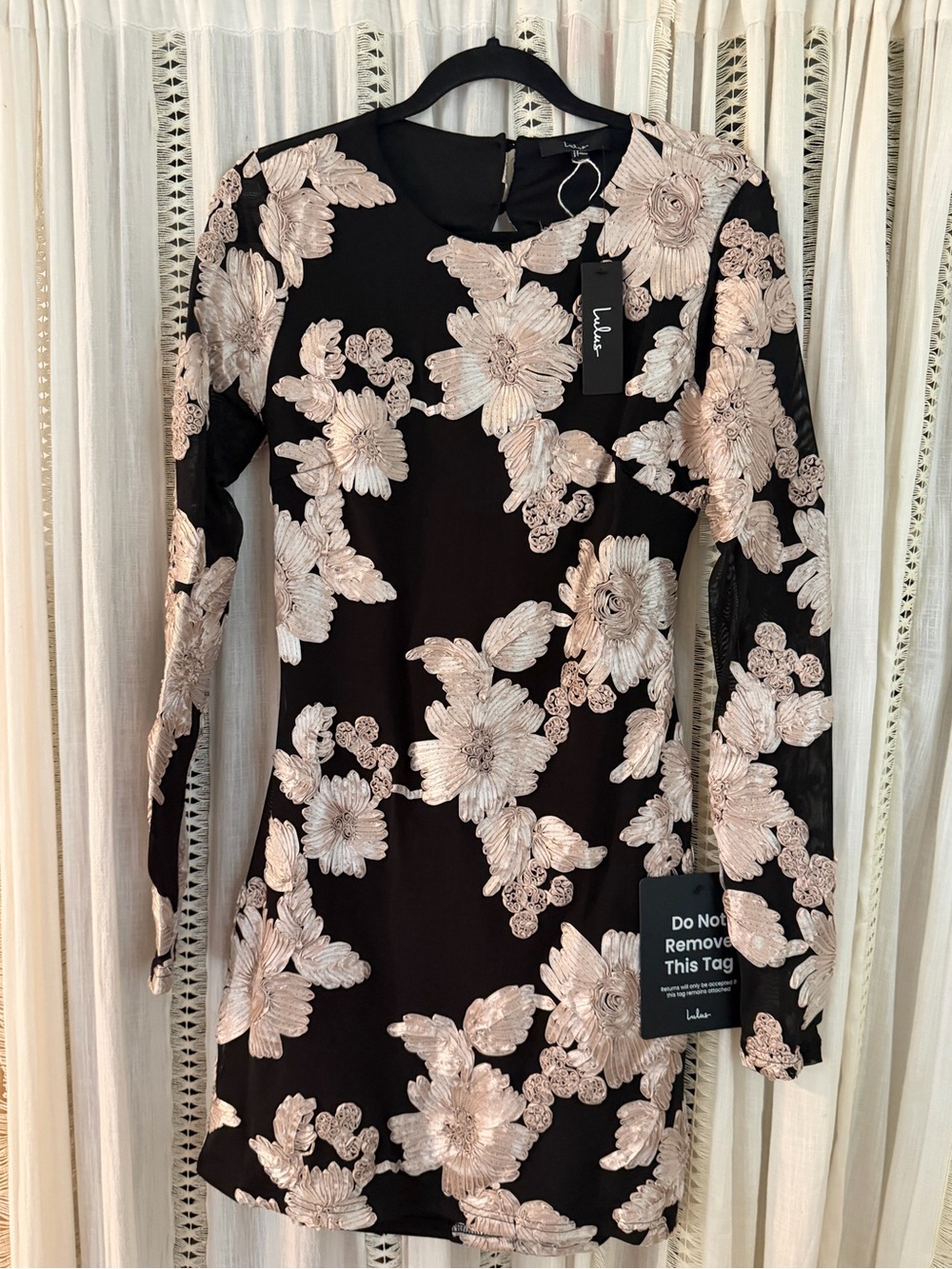 Lulu's Black Long-Sleeve Dress with Blush Floral Embroidery